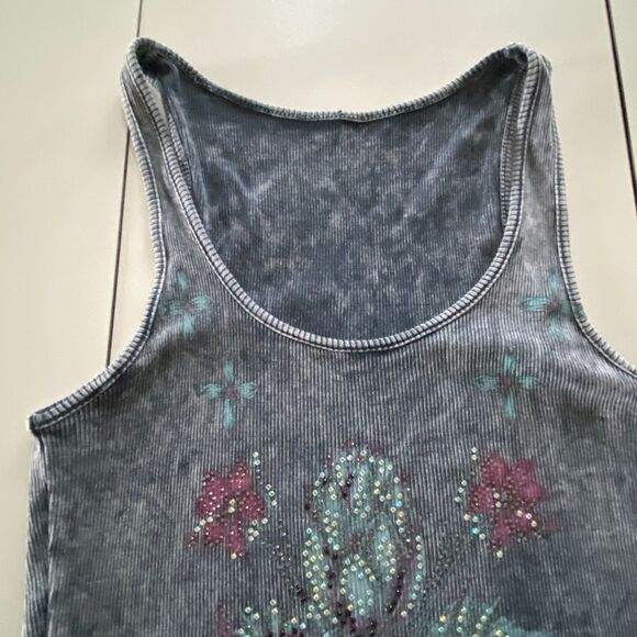 Distressed/Washed Gray Rhinestone Fleur De Lis Grunge Tank Top, Sz S - Picture 3 of 11